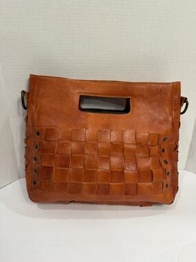 BED STU Woven Leather Tote Handbag in Cognac Brown no strap
